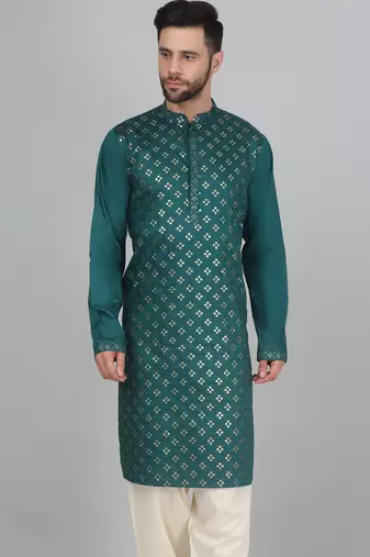 Cotton silk sequenced embroidered green kurta