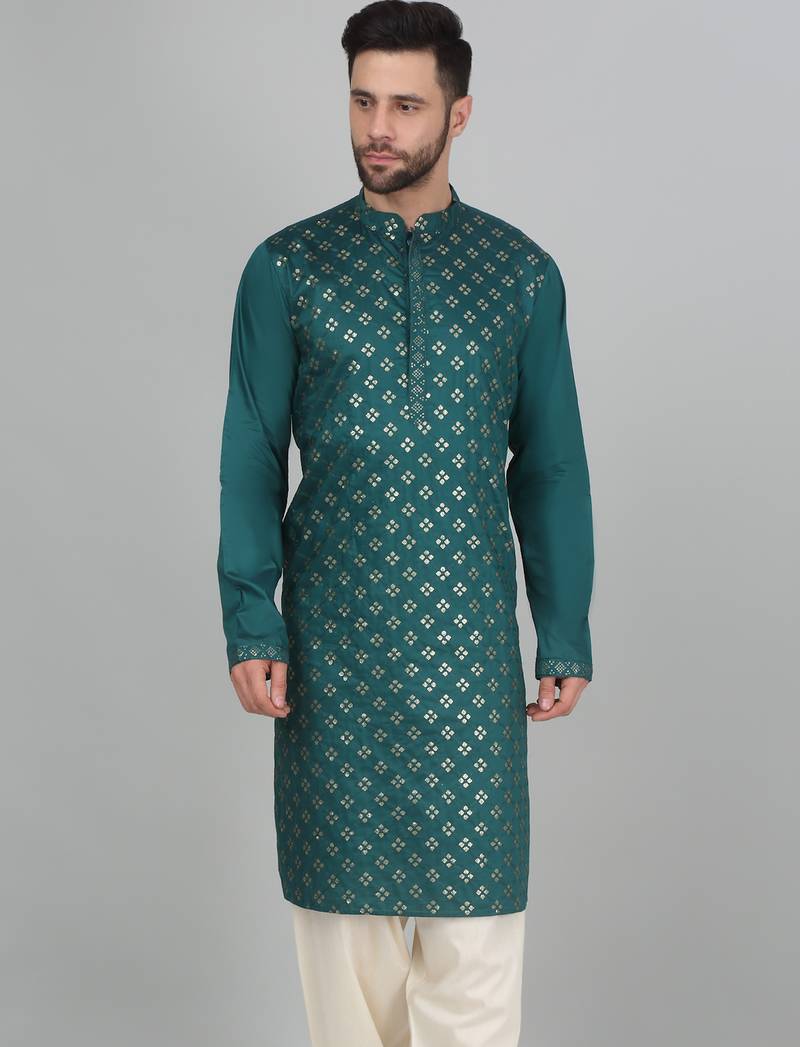 Cotton silk sequenced embroidered green kurta