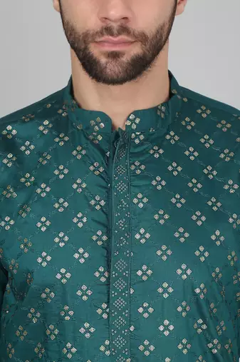 Cotton silk sequenced embroidered green kurta