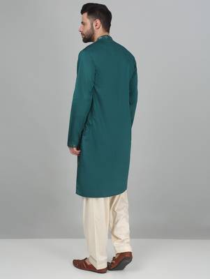 Cotton silk sequenced embroidered green kurta 3