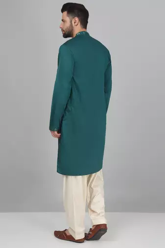 Cotton silk sequenced embroidered green kurta