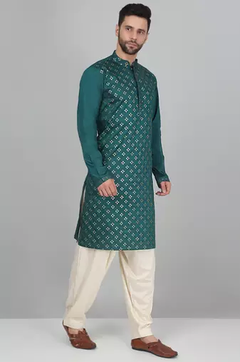 Cotton silk sequenced embroidered green kurta