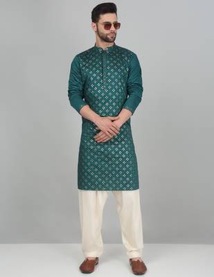 Cotton silk sequenced embroidered green kurta 5