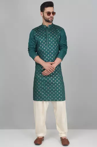 Cotton silk sequenced embroidered green kurta