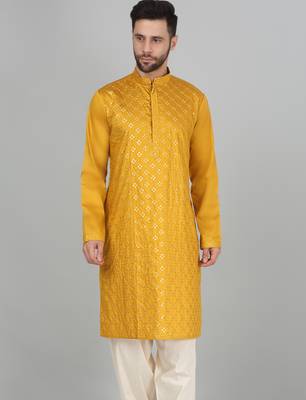 Cotton silk sequenced embroidered mustard kurta 1