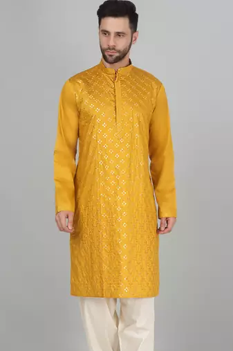Cotton silk sequenced embroidered mustard kurta