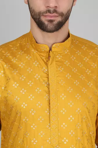 Cotton silk sequenced embroidered mustard kurta