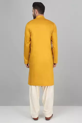Cotton silk sequenced embroidered mustard kurta