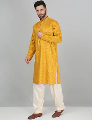 Cotton silk sequenced embroidered mustard kurta 4