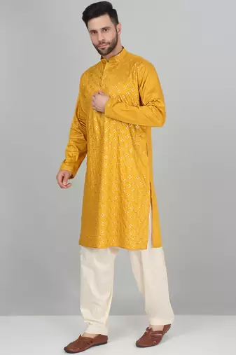 Cotton silk sequenced embroidered mustard kurta