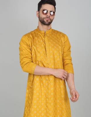 Cotton silk sequenced embroidered mustard kurta 5