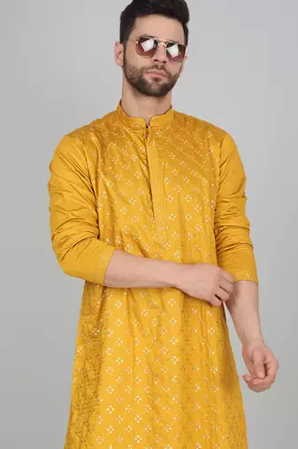 Cotton silk sequenced embroidered mustard kurta