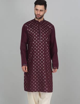 Cotton silk sequenced embroidered wine kurta 1