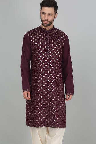 Cotton silk sequenced embroidered wine kurta
