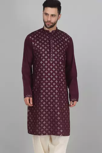 Cotton silk sequenced embroidered wine kurta