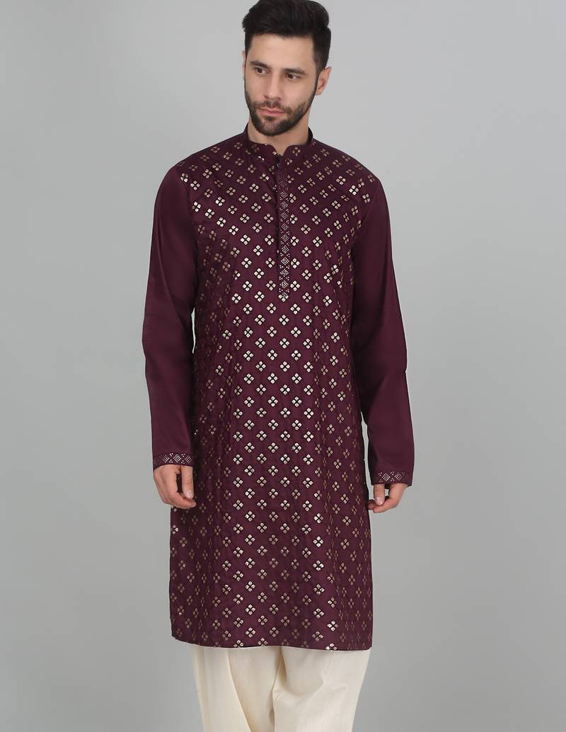 Cotton silk sequenced embroidered wine kurta