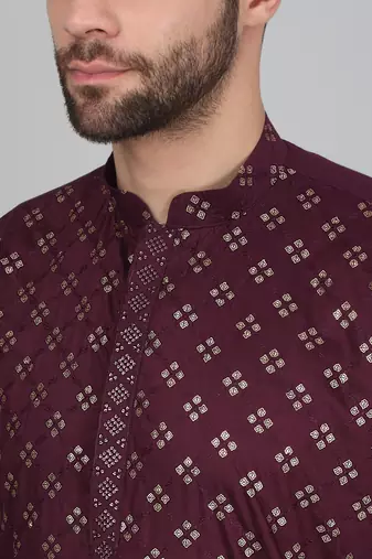 Cotton silk sequenced embroidered wine kurta