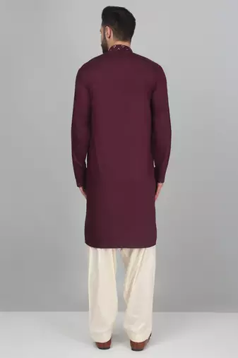 Cotton silk sequenced embroidered wine kurta