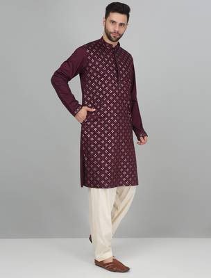 Cotton silk sequenced embroidered wine kurta 4