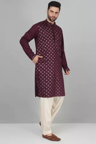 Cotton silk sequenced embroidered wine kurta