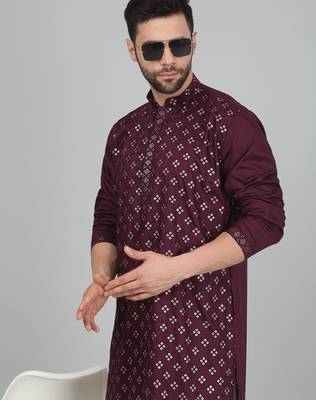 Cotton silk sequenced embroidered wine kurta 5