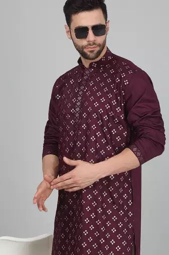 Cotton silk sequenced embroidered wine kurta