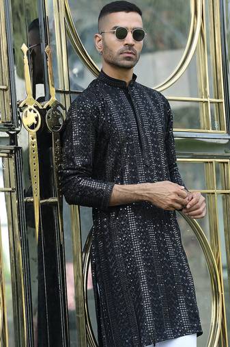 Silk rayon embroidered sequinned black kurta