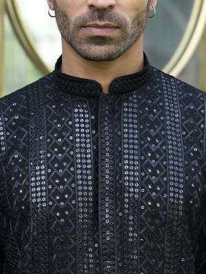 Silk rayon embroidered sequinned black kurta 3