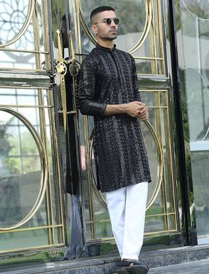 Silk rayon embroidered sequinned black kurta 4