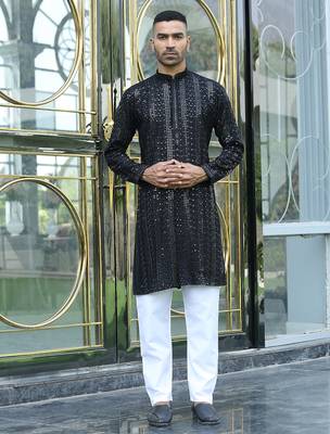 Silk rayon embroidered sequinned black kurta 6