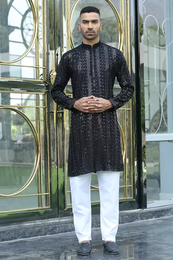 Silk rayon embroidered sequinned black kurta