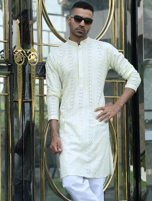 Silk rayon embroidered sequinned cream kurta 1