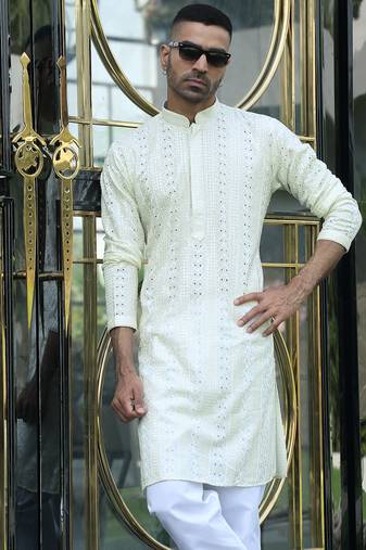 Silk rayon embroidered sequinned cream kurta