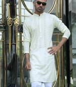 Silk rayon embroidered sequinned cream kurta