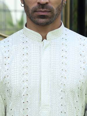 Silk rayon embroidered sequinned cream kurta 3