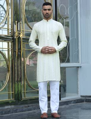 Silk rayon embroidered sequinned cream kurta 6