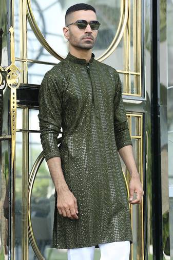 Silk rayon embroidered sequinned olive green kurta
