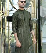 Silk rayon embroidered sequinned olive green kurta