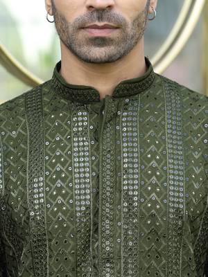 Silk rayon embroidered sequinned olive green kurta 2