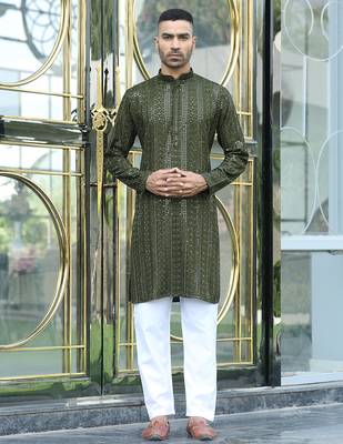 Silk rayon embroidered sequinned olive green kurta 5