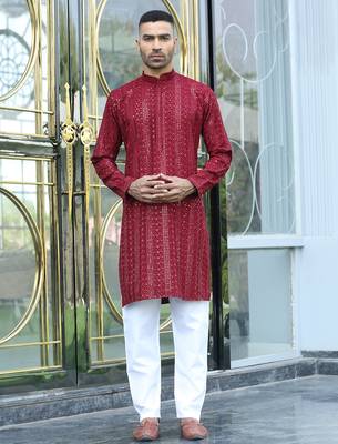 Silk rayon embroidered sequinned Red kurta 5