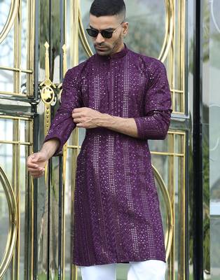 Silk rayon embroidered sequinned purple kurta 1