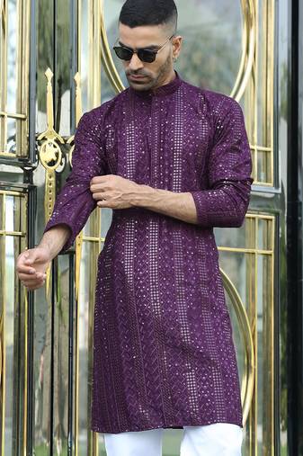 Silk rayon embroidered sequinned purple kurta