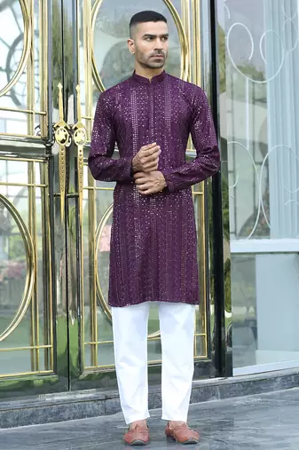 Silk rayon embroidered sequinned purple kurta