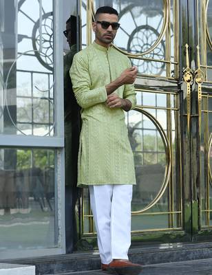 Silk rayon embroidered sequinned green kurta 3