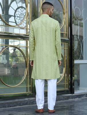 Silk rayon embroidered sequinned green kurta 4