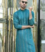 Silk rayon embroidered sequinned emerald blue kurta
