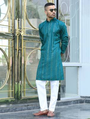 Silk rayon embroidered sequinned emerald blue kurta 3