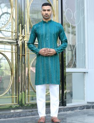 Silk rayon embroidered sequinned emerald blue kurta 5