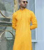 Silk rayon embroidered sequinned yellow kurta